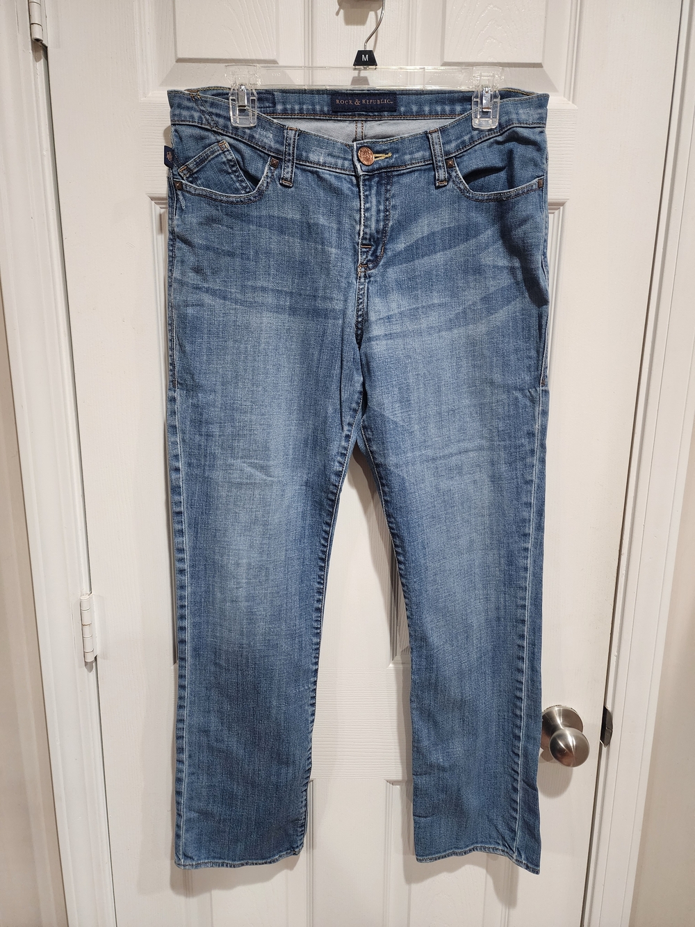 Rock & Republic Women's Size 12M Sadie Stretch Straight Rhinestone Blue Jeans